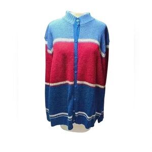 Vintage Erika Woman Red and Blue Chunky Stripe Button Up Cardigan Sweater - 3x